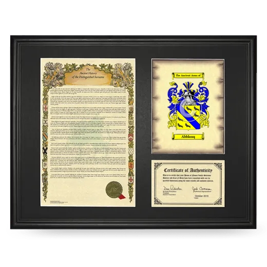 Abblanq Framed Surname History and Coat of Arms - Black