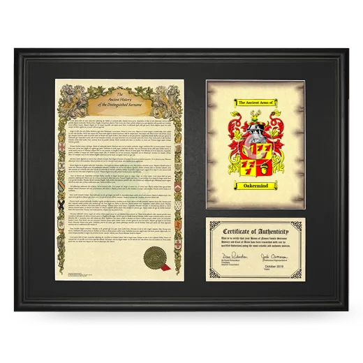 Oakermind Framed Surname History and Coat of Arms - Black