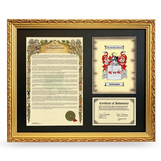 Aichoombe Framed Surname History and Coat of Arms- Gold