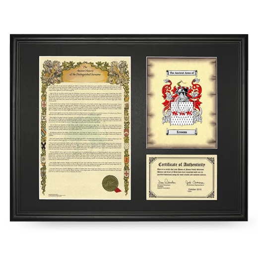 Ecoom Framed Surname History and Coat of Arms - Black