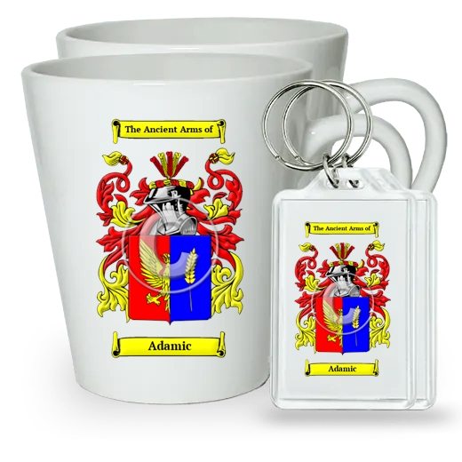 Adamic Pair of Latte Mugs and Pair of Keychains