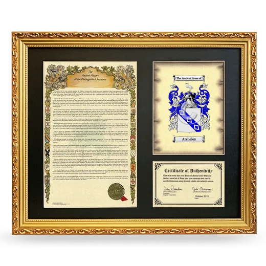 Atcheley Framed Surname History and Coat of Arms- Gold