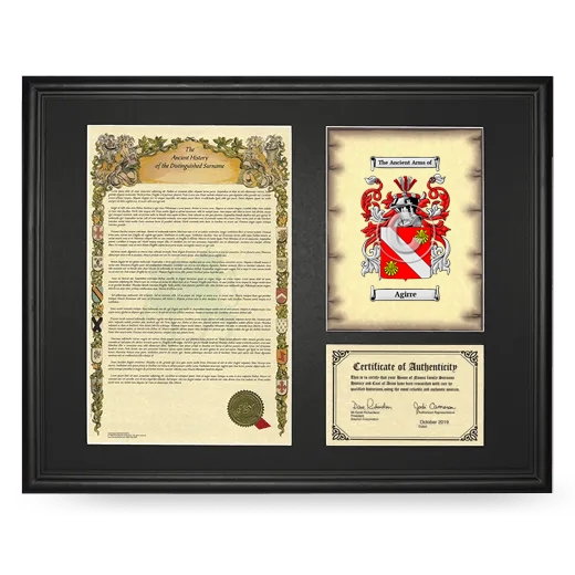 Agirre Framed Surname History and Coat of Arms - Black