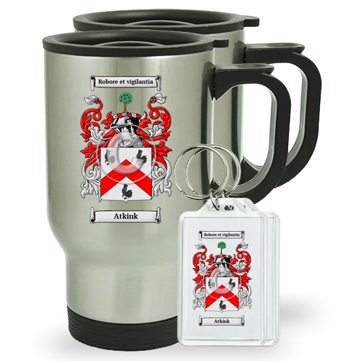 Atkink Pair of Travel Mugs and pair of Keychains