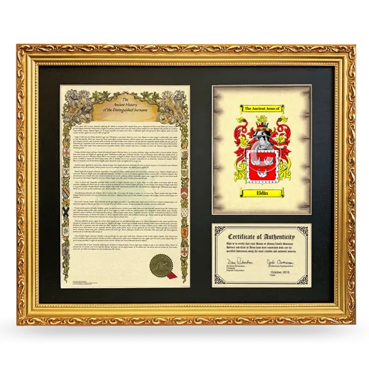 Eldin Framed Surname History and Coat of Arms- Gold