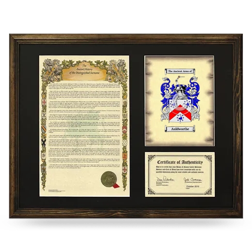 Auldworthe Framed Surname History and Coat of Arms - Brown