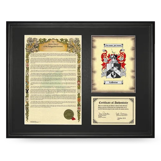 Callestar Framed Surname History and Coat of Arms - Black