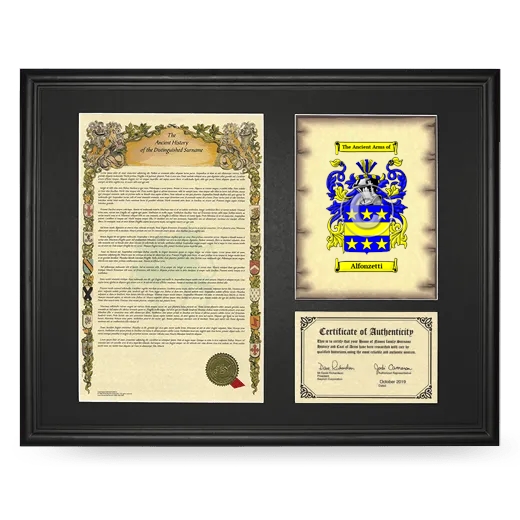 Alfonzetti Framed Surname History and Coat of Arms - Black