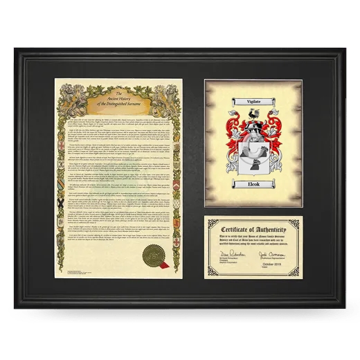 Elcok Framed Surname History and Coat of Arms - Black