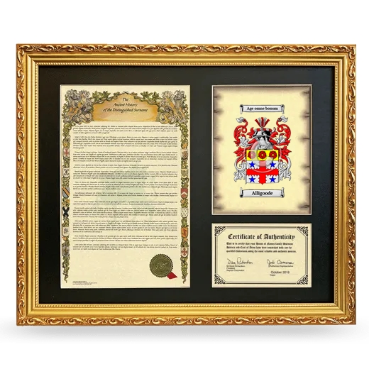 Alligoode Framed Surname History and Coat of Arms- Gold