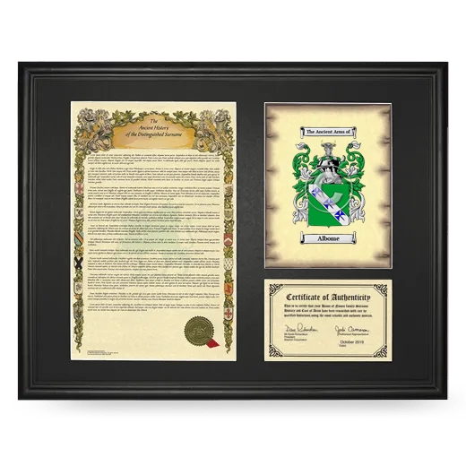 Albome Framed Surname History and Coat of Arms - Black