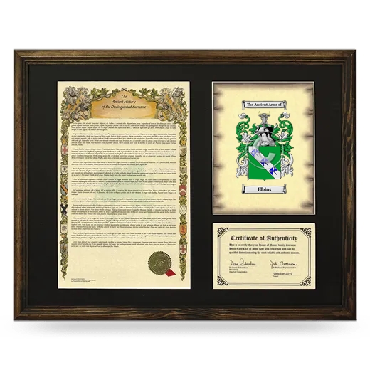 Elbins Framed Surname History and Coat of Arms - Brown