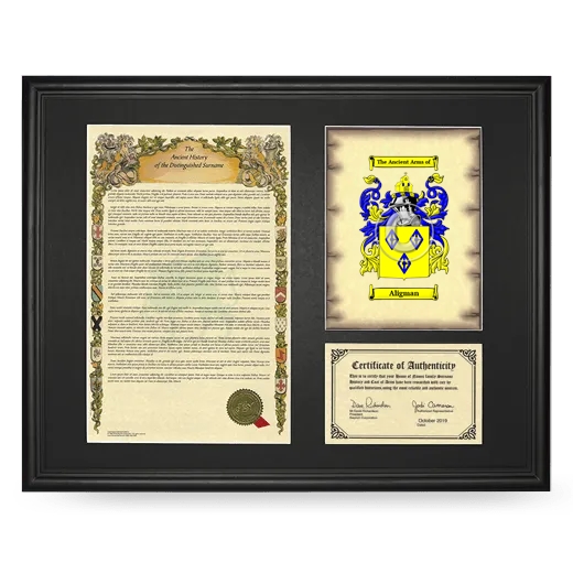 Aligman Framed Surname History and Coat of Arms - Black