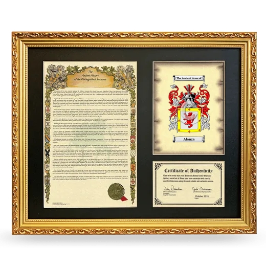 Alanza Framed Surname History and Coat of Arms- Gold