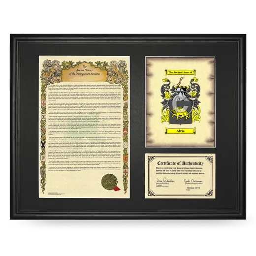 Alvia Framed Surname History and Coat of Arms - Black