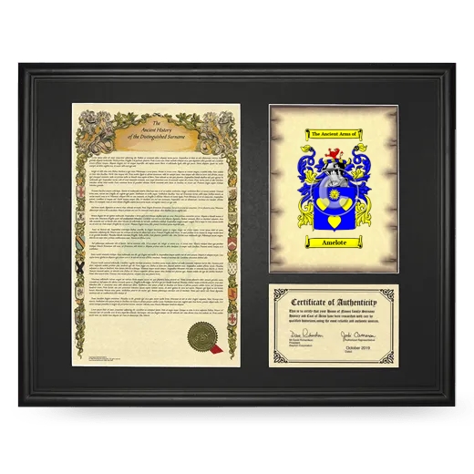 Amelote Framed Surname History and Coat of Arms - Black