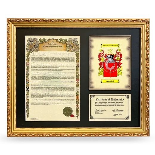 Amhirst Framed Surname History and Coat of Arms- Gold