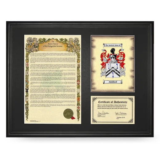 Aishford Framed Surname History and Coat of Arms - Black