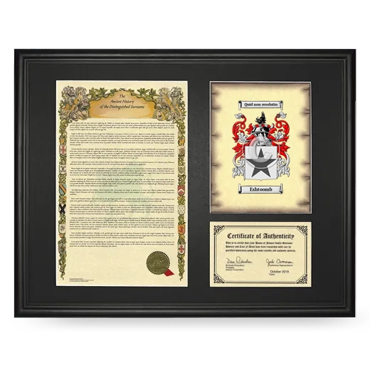 Eshtoomb Framed Surname History and Coat of Arms - Black