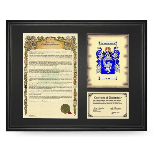 Atlee Framed Surname History and Coat of Arms - Black