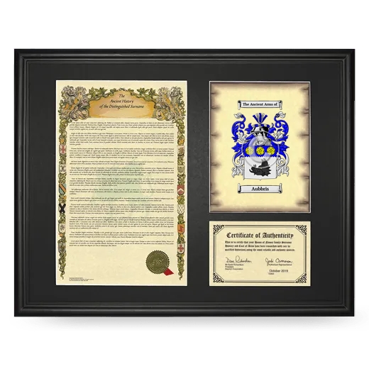 Aubbris Framed Surname History and Coat of Arms - Black