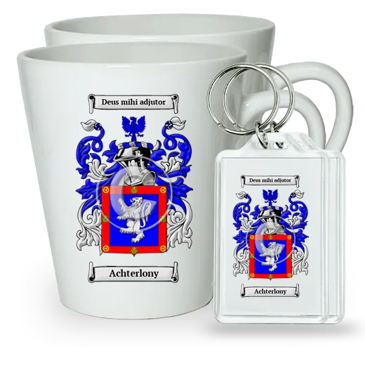 Achterlony Pair of Latte Mugs and Pair of Keychains