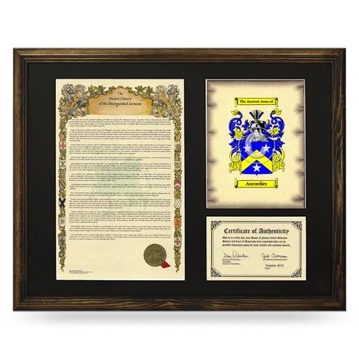 Aucordier Framed Surname History and Coat of Arms - Brown