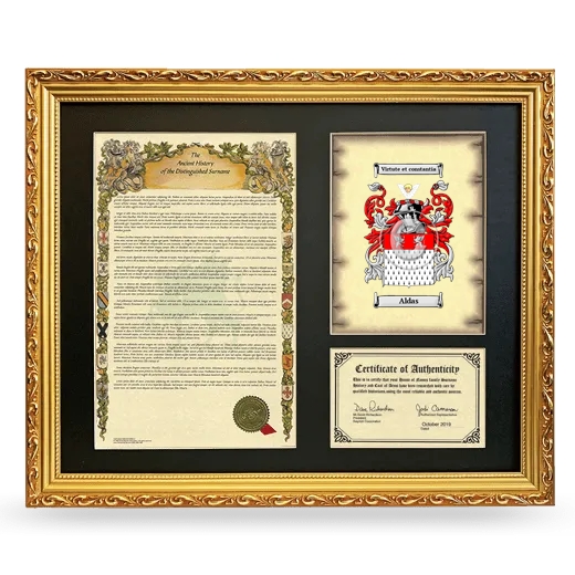 Aldas Framed Surname History and Coat of Arms- Gold