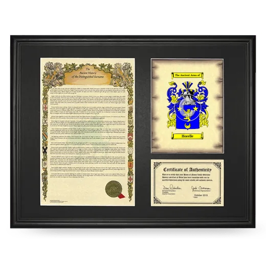 Horelle Framed Surname History and Coat of Arms - Black