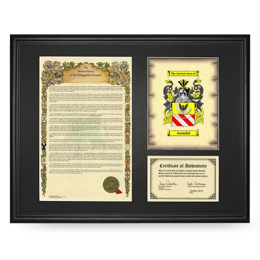 Azzarini Framed Surname History and Coat of Arms - Black