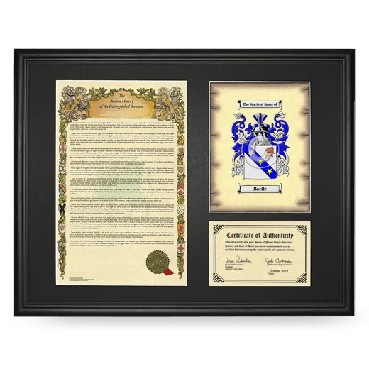 Bacile Framed Surname History and Coat of Arms - Black