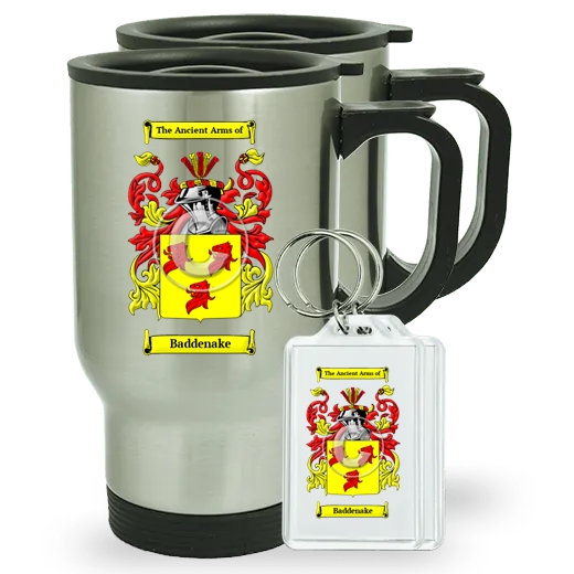 Baddenake Pair of Travel Mugs and pair of Keychains