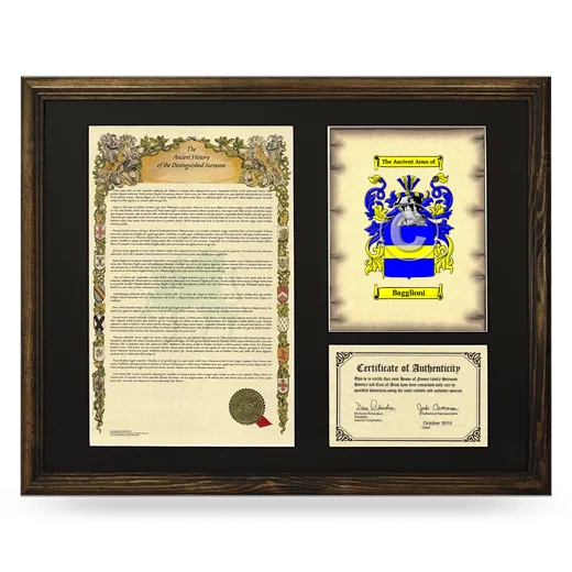 Bagglioni Framed Surname History and Coat of Arms - Brown