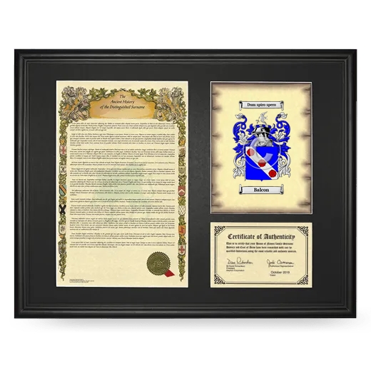 Balcon Framed Surname History and Coat of Arms - Black