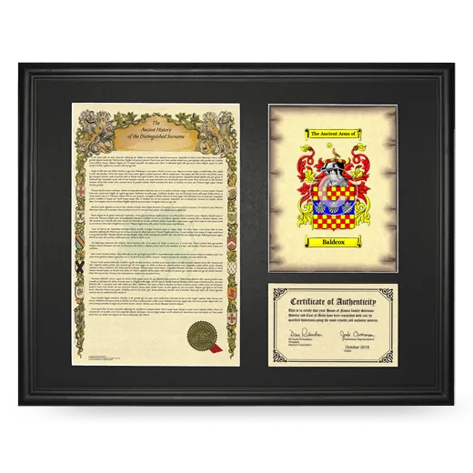 Baldcox Framed Surname History and Coat of Arms - Black