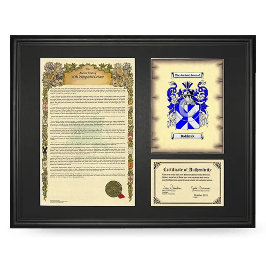 Boldryck Framed Surname History and Coat of Arms - Black