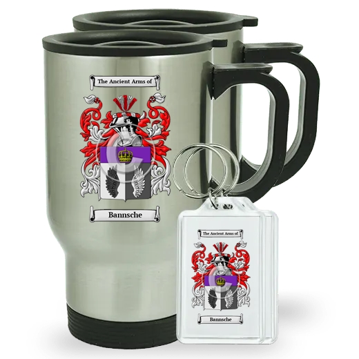 Bannsche Pair of Travel Mugs and pair of Keychains