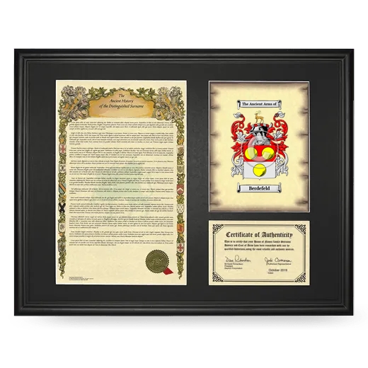 Berdefeld Framed Surname History and Coat of Arms - Black