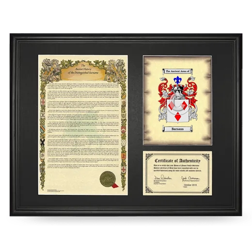 Barsans Framed Surname History and Coat of Arms - Black