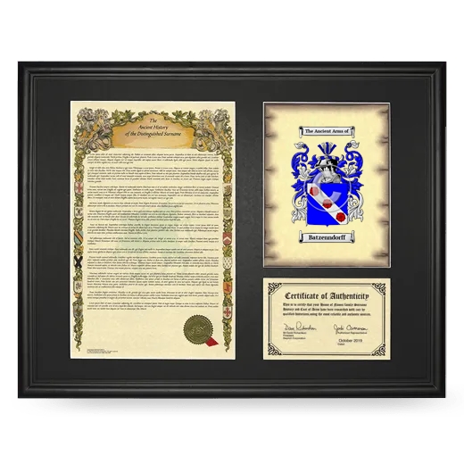 Batzenndorff Framed Surname History and Coat of Arms - Black