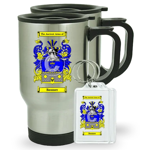 Baumer Pair of Travel Mugs and pair of Keychains