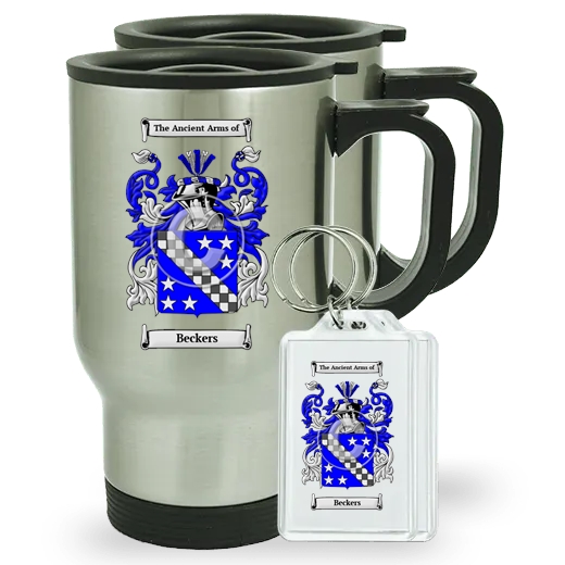 Beckers Pair of Travel Mugs and pair of Keychains