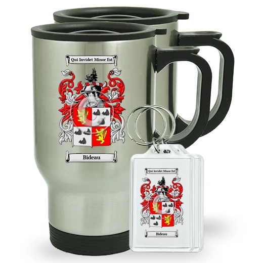 Bideau Pair of Travel Mugs and pair of Keychains