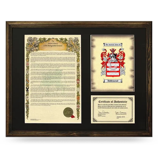 Biddemend Framed Surname History and Coat of Arms - Brown