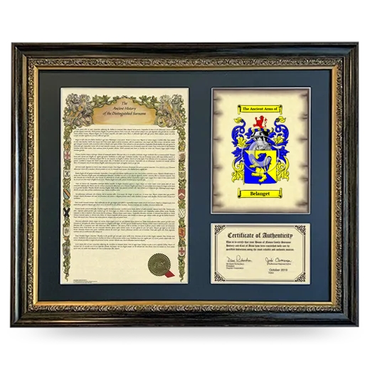 Belanget Framed Surname History and Coat of Arms- Heirloom