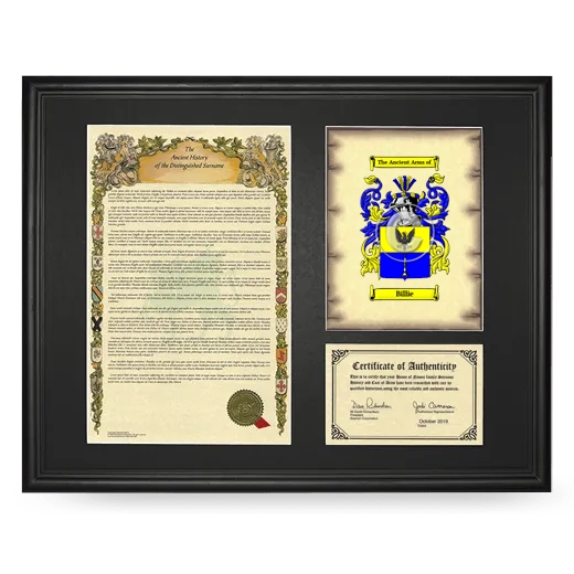 Billie Framed Surname History and Coat of Arms - Black