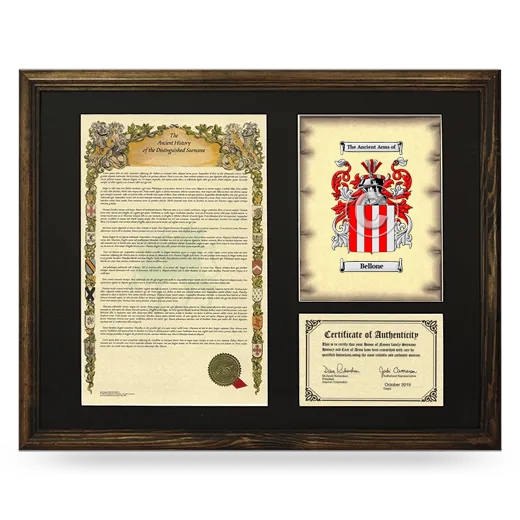 Bellone Framed Surname History and Coat of Arms - Brown