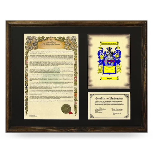 Vegni Framed Surname History and Coat of Arms - Brown