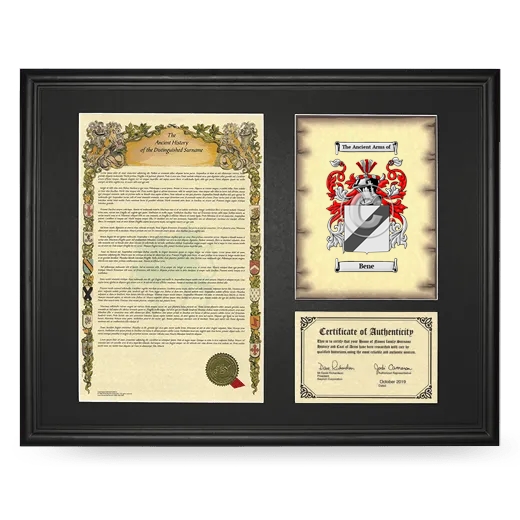Bene Framed Surname History and Coat of Arms - Black