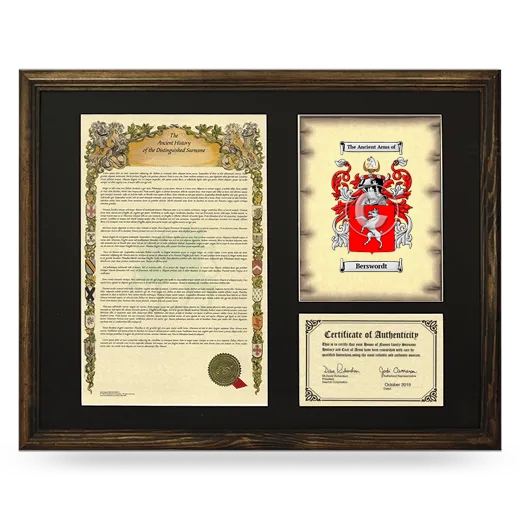 Berswordt Framed Surname History and Coat of Arms - Brown